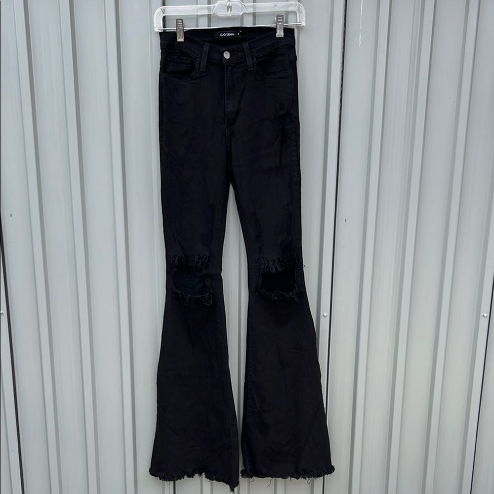 GJG Denim Black Flare Bell Bottom Jeans Distressed Ripped Western Boho Rodeo 3